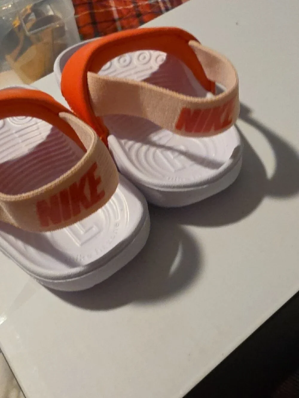 Nike Kids Pinkish-Orange and White Slide Sandals with Elastic Heel, Size 4c